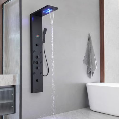 BWE Shower Panel Tower System LED Light Temperature Display 6-Function Stainless Steel shower system with Rainfall Waterfall Massage Body Jets Tub Spout and Handheld Shower, Matte Black