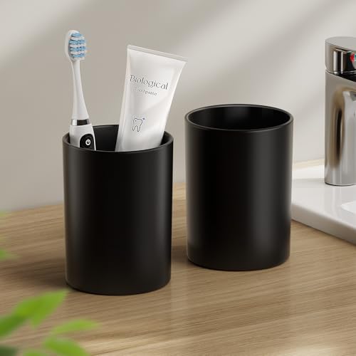 Toothbrush Cup 13.75oz，Bathroom Cup 2Pk，Black | Easy to clean 390ml plastic bathroom tumbler with non-slip grip. Durable toothbrush cup for home, travel and business - color: Black, size: 2PCS