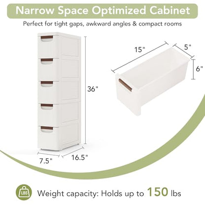 5 Drawers Narrow Bathroom Storage Cabinet, Slim Storage Cabinet, Plastic Slim Storage Cart Drawers for Small Spaces, Laundry, Office, Home, White - size: 5 Tiers