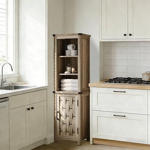 Farmhouse Storage Cabinet, Narrow Corner Linen Tower with Door & Adjustable Shelves,Versatile Bathroom & Living Room Organizer，Light Brown