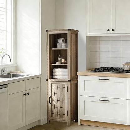 Farmhouse Storage Cabinet, Narrow Corner Linen Tower with Door & Adjustable Shelves,Versatile Bathroom & Living Room Organizer，Light Brown