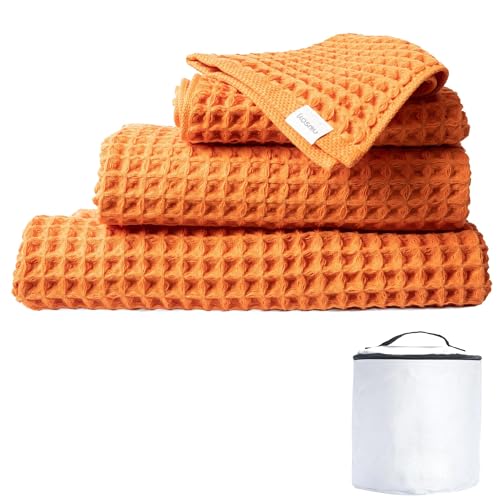 Luxury Organic Japanese Cotton Waffle Bath Towel | Thick, Absorbent, Quick Dry Bathroom Towels for Shower, Sauna, Onsen| Hotel & Spa Quality, Gift-Ready (Coral Orange, Complete Set (4-Piece)) - color: Coral Orange, style: Bath Complete Towel Set (4-piece)