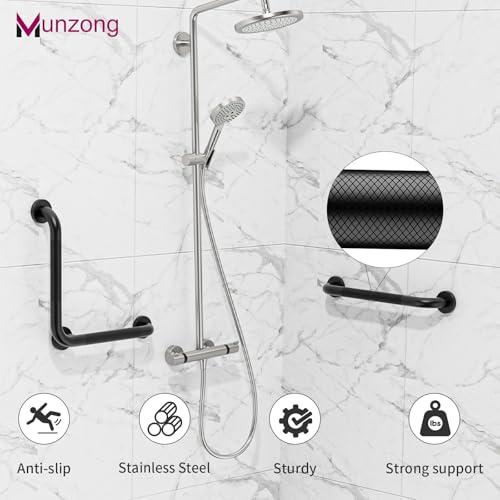 16x16 Inch Black Shower Grab Bars, L-Shaped Handicap Grab Rail | Anti Slip Bathroon Stainless Steel Knurled Safety Handle Support Elderly Injury Senior - color: Black