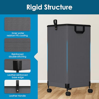 2Pcs Laundry Basket With Wheels 105L, Large Rolling Laundry Hamper With Removable Bag, Metal Frame Collapsible Dirty Clothes Bin, Cloth Organizer Hampers Pull Handle For Bathroom, Dorm, Bedroom Grey - color: Grey - 2 Pack