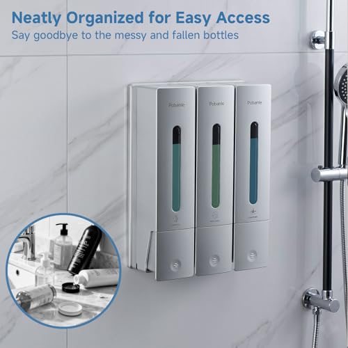 Shampoo and Conditioner Dispenser - Shower Soap Dispenser Wall Mounted No Drill - Shampoo Conditioner Body Wash Dispenser 3 Chamber - Easy Install for Bathroom Hotel Silver 1200ml - color: Silver 3