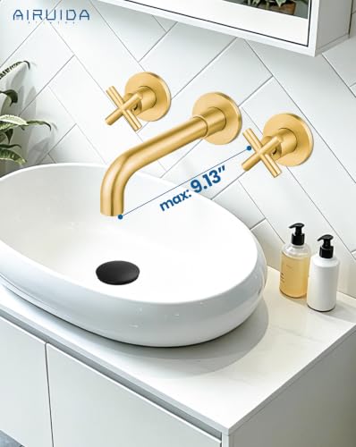 Airuida Solid Brass Brushed Gold Wall Mount Bathroom Faucet | 360° Swivel Spout,Rough in Valve,2 Cross Handle,3 Hole,Widespread - color: Brushed Gold