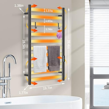 Heated Towel Rack for Bathroom, Hot Towel Warmer Rack Large 10 Bar Electric Hot Towel Warmer, Stainless Steel Wall Mounted Rack with LED Built-in Timer, Plug-in, Fast Heating, Black - color: Black