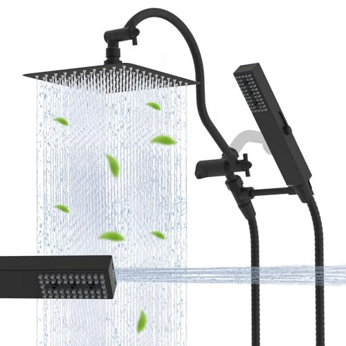 Hibbent All Metal cUPC Certified Shower Head, 10'' High Pressure Rainfall Showerhead Combo, Handheld Shower Wand, 12'' Adjustable Extension Arm, 4-Spray, 71'' Hose, Brass Shower Holder, Matte Black - color: Matte Black, style: Square 10''