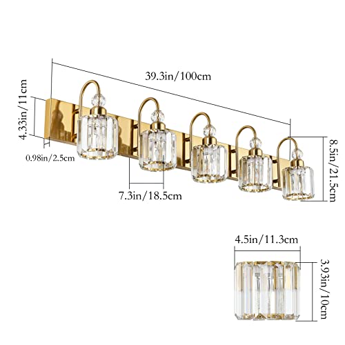Ralbay Crystal Vanity Lights 5-Lights Brass Gold Over Mirror Modern Bathroom Wall Lighting Fixtures - color: Round-Brass, size: 5-light