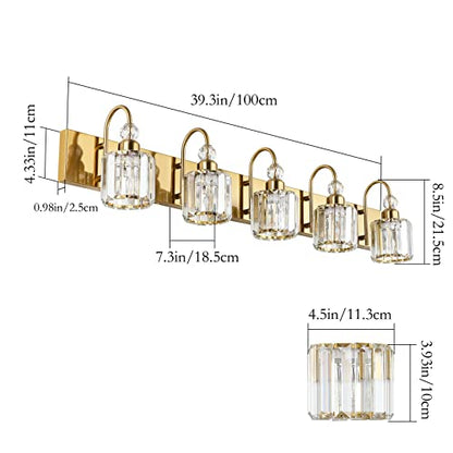 Ralbay Crystal Vanity Lights 5-Lights Brass Gold Over Mirror Modern Bathroom Wall Lighting Fixtures - color: Round-Brass, size: 5-light
