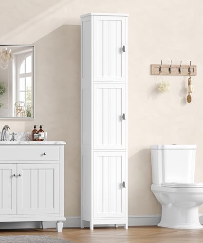 Tall Narrow Bathroom Storage Cabinet, 3-Tier Slim Storage Cabinet | Linen Cabinet with Adjustable Shelves and 3 Doors, for Bathrooms, Living Room, Laundry Room, Kitchen, White