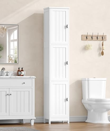 Tall Narrow Bathroom Storage Cabinet, 3-Tier Slim Storage Cabinet | Linen Cabinet with Adjustable Shelves and 3 Doors, for Bathrooms, Living Room, Laundry Room, Kitchen, White