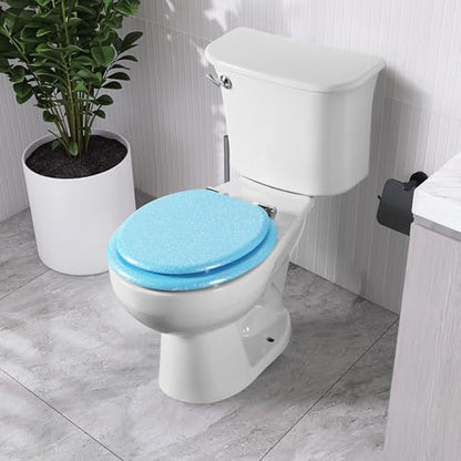 Angol Shiold Glitter Toilet Seat Molded Wood Round Toilet Seat with Quietly Close and Quick Release Hinges, Easy to Clean also Easy to Install (Round 16.5'', Blue) - color: Blue, size: Round 16.5‘’