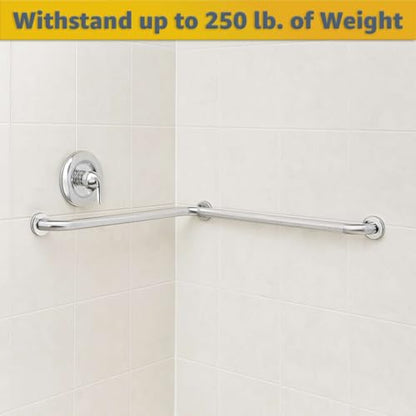 24" x 36" Satin Corner Grab Bar with Peened Grip - Two-Wall Mounted Stainless Steel Restroom Safety Rail, 1.5" Diameter, 250 lb. Capacity, Bathroom Support for Public & Commercial Use - size: 24" x 36"