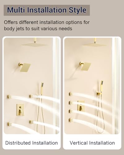 Dual Rainfall Head Shower System with 4 Body Jets, JetsBath Shower Faucet Set Double Shower Head 6-Inch Shower & 12” Rain Shower, Luxury Brushed Gold Shower Faucet Set Tandem Shower Head System - color: Brushed Gold