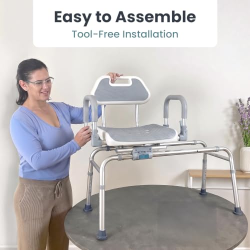 Sliding Shower Chair Tub Transfer Bench with Swivel Seat, Shower Bench for Elderly and Disabled, with Security Belt, 360 Rotation, Slides and Rotates, Adjustable,one Touch Slide Button, Grey - color: Grey