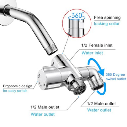 Solid Brass 3 Way Shower Arm Diverter Valve for Handheld Shower Head and Fixed Spray Head, G1/2 Universal Bathroom System Component Replacement Part (Chrome Finish) - color: Chrome