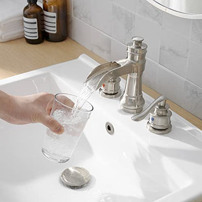 Bathroom Sink Faucet Waterfall 3 Hole or 8 Inch Widespread Tap | Brushed Nickel,Brass,Double Handle,Easy to Clean,Simple Installation,Pop-up Drain,Supply Line,Control of Hot and Cold Water - color: Brushed Nickel