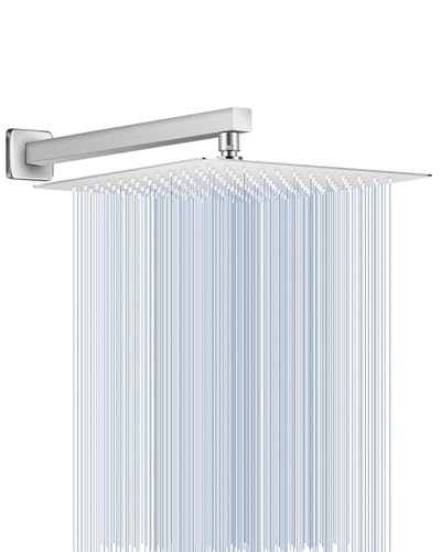All Metal Rainfall Shower Head with Extension Arm Brushed Nickel, 12" Large Rain Square Showerhead with 16" Shower Arm All Stainless Steel, 144 Silicone Nozzles Waterfall Full Body Coverage - color: Brushed Nickel