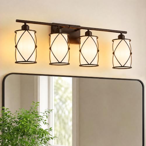 4-Light Oil Rubbed Bronze Bathroom Light Fixtures Over Mirror, 29" UL-Listed Modern Farmhouse Wall Sconce Lights with Milk White Frosted Glass and Metal Cage for Bath, E26, CH9176ORBW-4W - color: Bronze + Milk Glass, size: 4-Light, 29" L