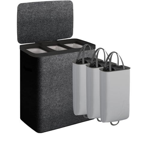 CASAMAYA Laundry Basket with Lid, Laundry Hamper 3 Section, 190L collapsible Laundry Organizer, Easy Assembly,with Handles and Removable Liners, 25.2 x 15.7 x 29.5 Inches, Black JSP904B - color: Black, size: 190L(3-Section)