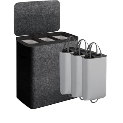 CASAMAYA Laundry Basket with Lid, Laundry Hamper 3 Section, 190L collapsible Laundry Organizer, Easy Assembly,with Handles and Removable Liners, 25.2 x 15.7 x 29.5 Inches, Black JSP904B - color: Black, size: 190L(3-Section)