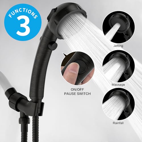 KAIYING High Pressure Oil-Rubbed Bronze Handheld Shower Head with ON/OFF Switch, 3 Spray Modes, Adjustable Angle Bracket, and Hose | 3 Spray Modes Shower Wand with Shut Off Button, Camper & RV Showerhead with Hose & Angle Adjustable Holder, Oil-Rubbed Bro