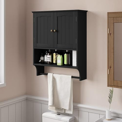Smuxee Black Bathroom Cabinet Wall Mounted with Towels Bar, Medicine Cabinet with 2 Door Adjustable Shelves, Over Toilet Cabinet for Bathroom Laundry Room Kitchen - color: Black Big With Towels Bar