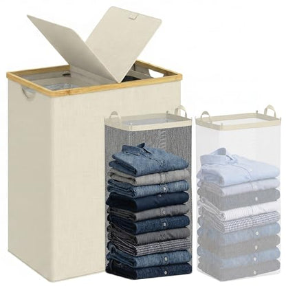 efluky Laundry Hamper with Lid, Double Laundry Basket with 2 Removable Bags, 2 Section Laundry Bin with Bamboo Handles for Bathroom, Bedroom & Laundry Room, 170L (44.9 Gallon) Beige - color: Beige, size: 170L Dual