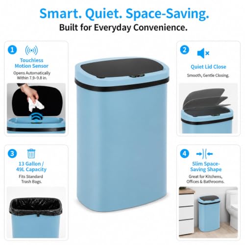 13-Gallon Touchless Plastic Trash Can, Blue | Motion sensor lid provides hands-free waste disposal in kitchens, offices, bedrooms, or living spaces. - color: Blue