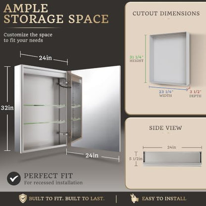24x32 Lighted Medicine Cabinet, Separate Front & Back Lights | Surface/Recessed LED Medicine Cabinet for Bathroom with Side Mirrors, Dimmable Light, Anti-Fog, Memory,Silver Aluminum Frame - size: 24" x 32" (Right Hinge)