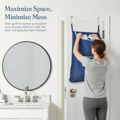 Fine Living Co. Large Hanging Laundry Hamper with Over Door Hooks & Adhesive, Durable Space Saving Laundry Bag with Zipper and Wide Open Top, Hanging Dorm Laundry Hamper (Navy Blue-XL) | Hanging Dorm Laundry Hamper with Over Door Hooks & Adhesive, Durable