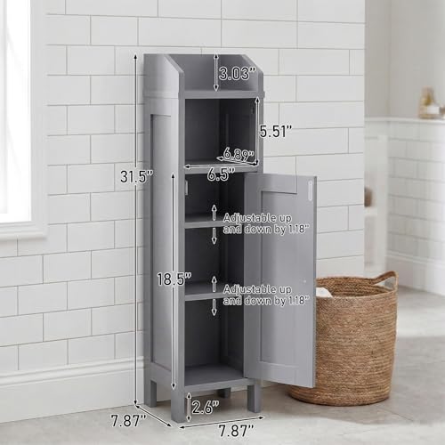 Karl home Grey Corner Storage Cabinet, Slim Freestanding Bathroom Organizer | Slim Single Door Freestanding Cabinet with Adjustable Shelves, Space Saving Toilet Storage for Small Bathroom Spaces
