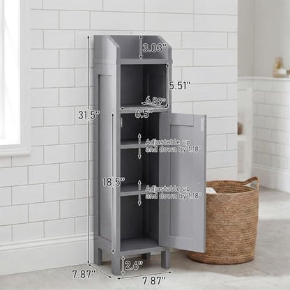 Karl home Grey Corner Storage Cabinet, Slim Freestanding Bathroom Organizer | Slim Single Door Freestanding Cabinet with Adjustable Shelves, Space Saving Toilet Storage for Small Bathroom Spaces