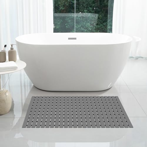 OTHWAY Large Shower Mat, 35.4 x 24 Inch No Suction Cup Shower Mat Non Slip, Quick Drain Large Non Slip Shower Mats for Inside Shower, Heavy Duty Curlable PVC Shower Floor Mat, Dark Grey - color: Dark Grey