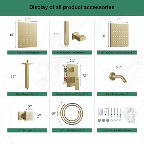VANFOXLE Shower System, Brushed Gold Shower Faucet Set, Four Modes | 10 Inch Ceiling Mount Head Increased Thick, 6 Inch Second Head, 2-in-1 Handheld Combo, 4 PCS Dual Mode Body Jets, Brass Valve - color: Brushed Gold