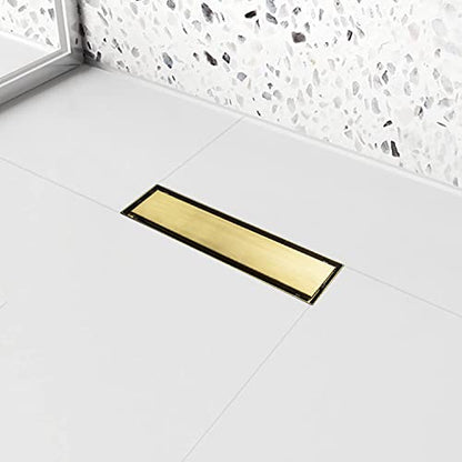 12" Linear Shower Drain Brushed Gold Drain with Tile Insert Grate | AISI 304 Stainless Steel Fast Drainage Rectangle Hidden Shower Trench,Detachable Hair Catcher Easy to install,Leveling Feet - color: Gold, size: 12 Inch (No Base)