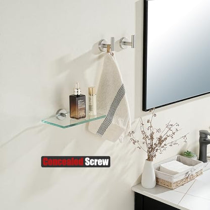 JQK Bathroom Glass Shelf, Tempered Glass Shower Storage 8 by 5 inches, 304 Stainless Steel Brushed Finish Wall Mount, TGS101L8-BN - color: Brushed, size: 8 Inch (1 Pack)