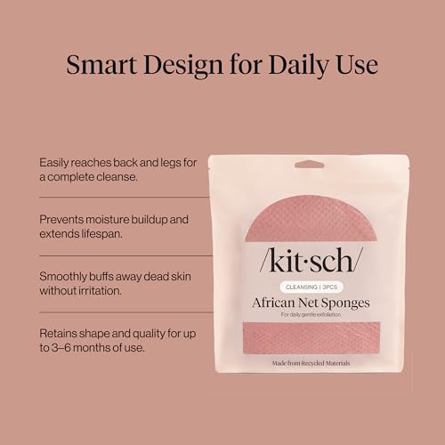 Kitsch African Net Sponge – Exfoliating Body Scrubber – Berry Pink, 3 Pcs | for Cleansing & Gentle Daily Exfoliation – Stretchable Bath Sponge for Hard-to-Reach Areas – Long-Lasting Shower Essential - color: Berry Pink
