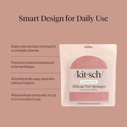 Kitsch African Net Sponge – Exfoliating Body Scrubber – Berry Pink, 3 Pcs | for Cleansing & Gentle Daily Exfoliation – Stretchable Bath Sponge for Hard-to-Reach Areas – Long-Lasting Shower Essential - color: Berry Pink
