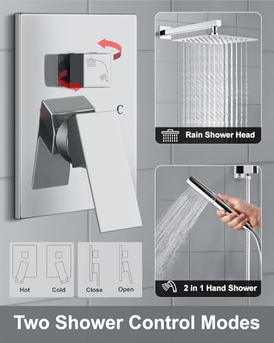 Aolemi Shower System with Rain Head and Handheld,12-Inch,Polish Chrome | High-Pressure Shower Faucet Set with Dual-Function Handheld,Rough-In Valve,1.8 GPM,Wall-Mount Trim Kit - color: Polish Chrome, size: 12 Inch