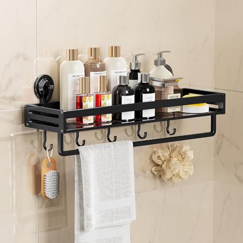 Suction Cup Shower Caddy With 5 Hooks & Towel Rrack 11.8inch Black | No Drilling Shower Organizer with Large Capacity, Rust-resistant Bathroom Organizer, Heavy Duty Shower shelves for Bathroom - size: 11.8 inches(US)