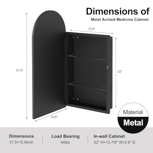 Black Arched Medicine Cabinet,Recessed Medicine Cabinet for Bathroom | Arched Mirror Cabinet with Storage,Black Metal Framed Medicine Cabinet,Wall Mounted,Full Assembled,16x31 Inch - color: Matte Black