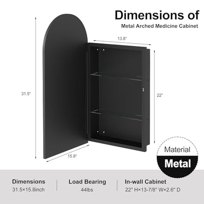 Black Arched Medicine Cabinet,Recessed Medicine Cabinet for Bathroom | Arched Mirror Cabinet with Storage,Black Metal Framed Medicine Cabinet,Wall Mounted,Full Assembled,16x31 Inch - color: Matte Black