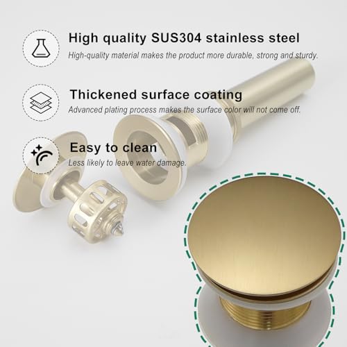 VOTON Bathroom Vessel Sink Pop Up Drain Without Overflow Assembly, Lavatory Vanity Sink Drain Stopper, Anti-Clogging Drain Strainer, Brushed Gold - color: Brushed Gold, size: Without Overflow