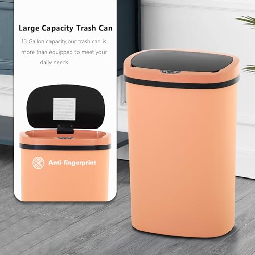 Automatic 13 Gallon Trash Can,Soft Close Large Garbage Can with Lid,Indoor Smart Trashcans for Kitchen,Waterproof Trashcans for Kitchen,Touch-Free Trash Can,Peach Pink - color: Pink, style: 1 piece