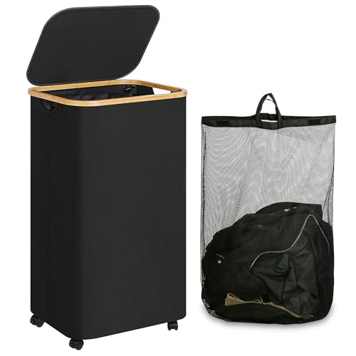 IEGrow Laundry Hamper with Wheels 111L Laundry Basket with Mesh Bag,Black | Dirty Clothes Hamper Basket with Bamboo Handle for Clothes Towels Organization - color: Black, size: 111L