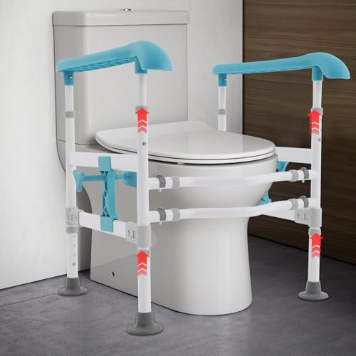 Toilet Safety Rails for Seniors Heavy Duty Toilet Safety Frame, 330Lbs Carbon Steel Adjustable Height and Width, Toilet Grab Bar Arms for Elderly Disabled & Shower, Blue