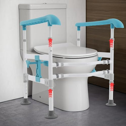 Toilet Safety Rails for Seniors Heavy Duty Toilet Safety Frame, 330Lbs Carbon Steel Adjustable Height and Width, Toilet Grab Bar Arms for Elderly Disabled & Shower, Blue