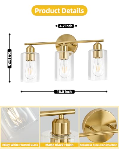 3Light Modern Vanity Lights - Gold, Clear Glass Shade, Wall Sconce for Bathroom & Bedroom, 2 Pack - color: Gold, size: 3 Light - 2 pack